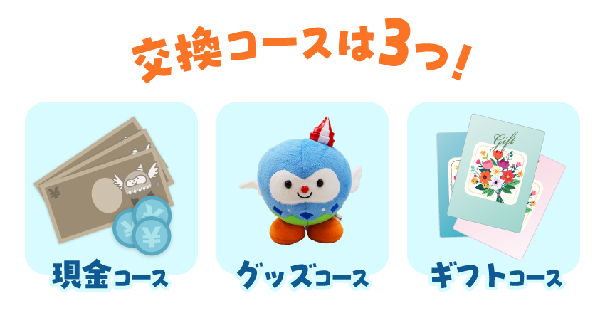 交換コースは3つ。現金コース・グッズコース・ギフトコース